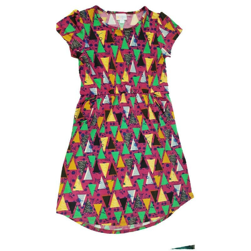 LuLaRoe Kids Mae Geometric Fuchsia Black Green Dandelions Pocket Dress Size 12 fits Kids 12-14