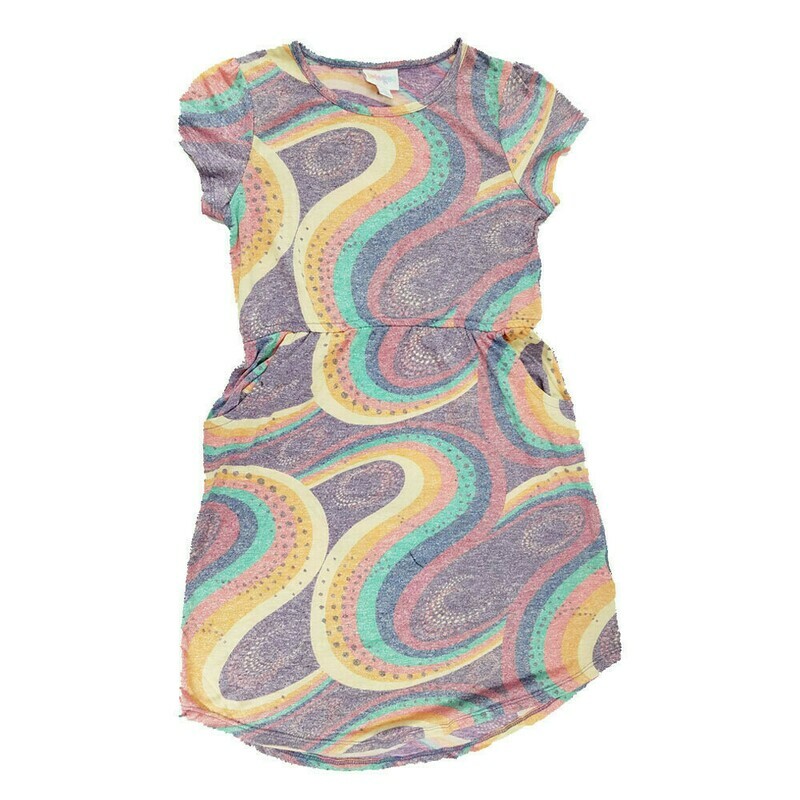 LuLaRoe Kids Mae Geometric Purple Orange Yellow Pocket Dress Size 12 fits Kids 12-14