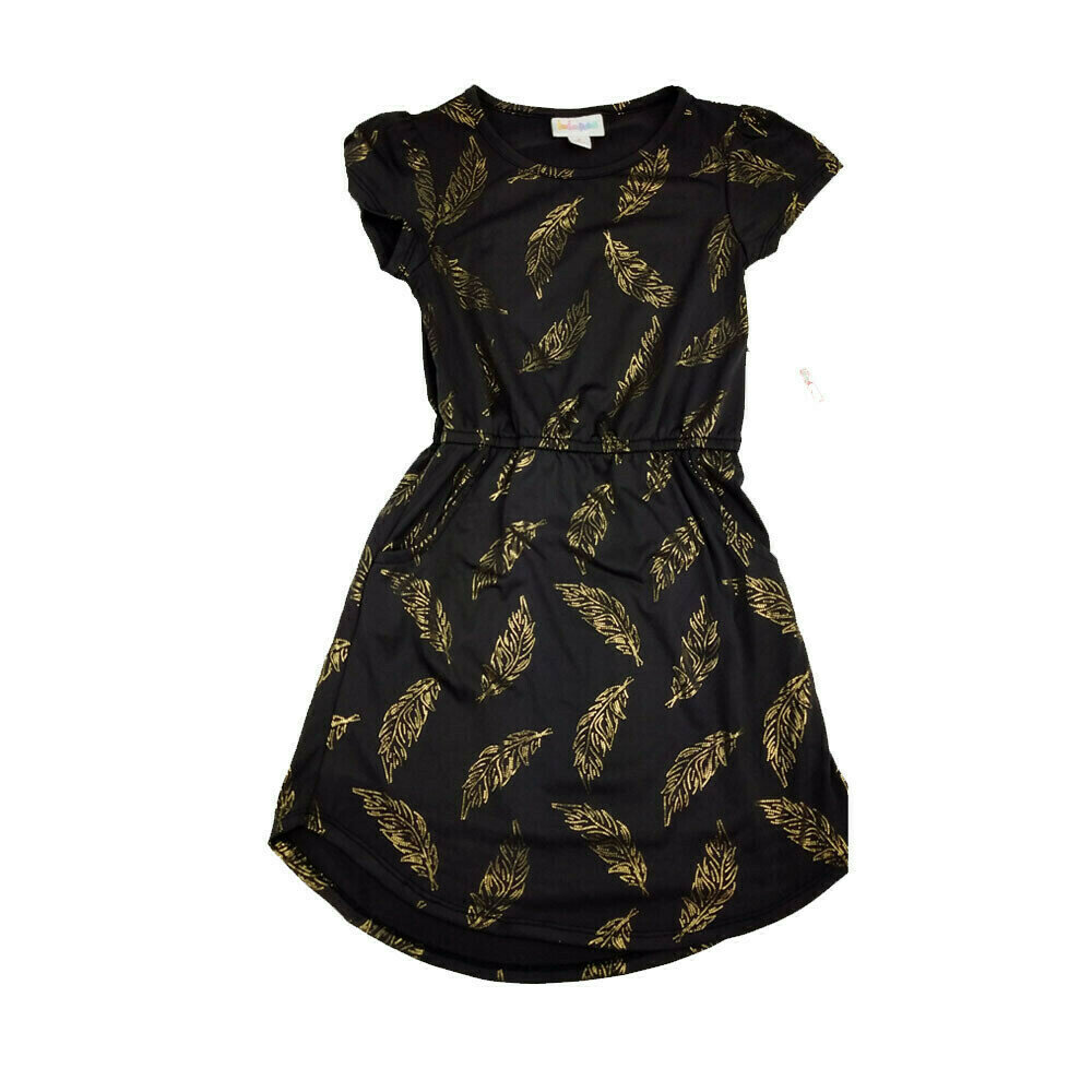 LuLaRoe Kids Mae Elegant Collection Black with Gold Feathers Pocket Dress Size 6 fits Kids 5-6