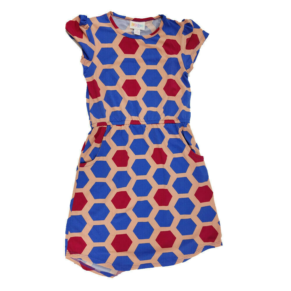 LuLaRoe Kids Mae Geometric Coral Blue Pink Hexagon Polka Dot Pocket Dress Size 8 fits Kids 7-8