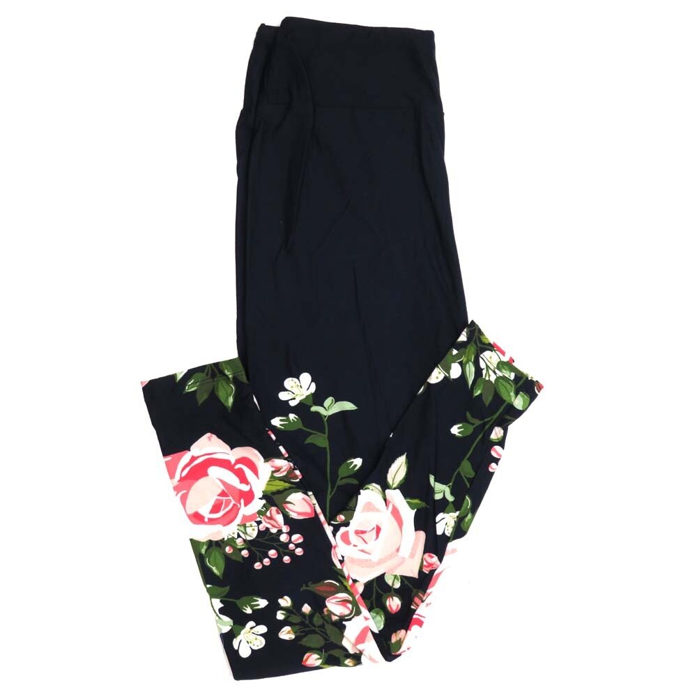 LuLaRoe One Size OS Navy Solid Upper with Pink White Roses Floral on Lower Legs Buttery Soft Womens Leggings fit Adult sizes 2-10 OS-4338-7