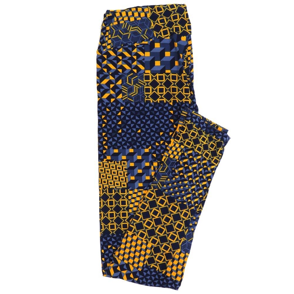 LuLaRoe One Size OS 3D Cubes Patchwork Blue Yellow Black 70s Trippy Psychedelic Buttery Soft Womens Leggings fit Adult sizes 2-10  OS-4350-AE-2