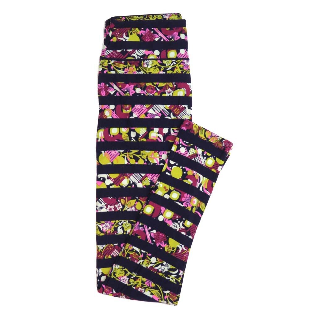 LuLaRoe One Size OS Floral Stripes black Yellow White Blue Buttery Soft Womens Leggings fit Adult sizes 2-10  OS-4352-AQ