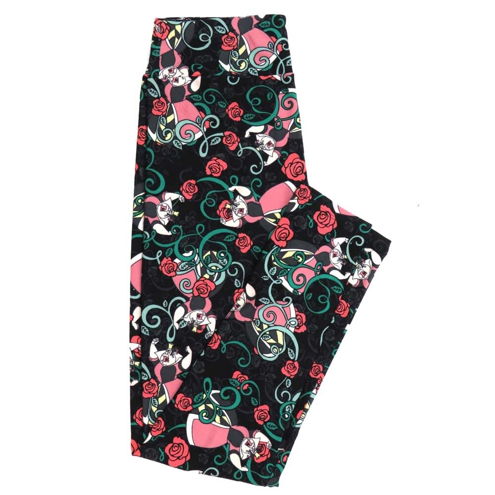 LuLaRoe One Size OS Disney Queen of Hearts Roses Black Gray White Pink from Alice in Wonderland Buttery Soft Womens Leggings fit Adult sizes 2-10  OS-4356-AA