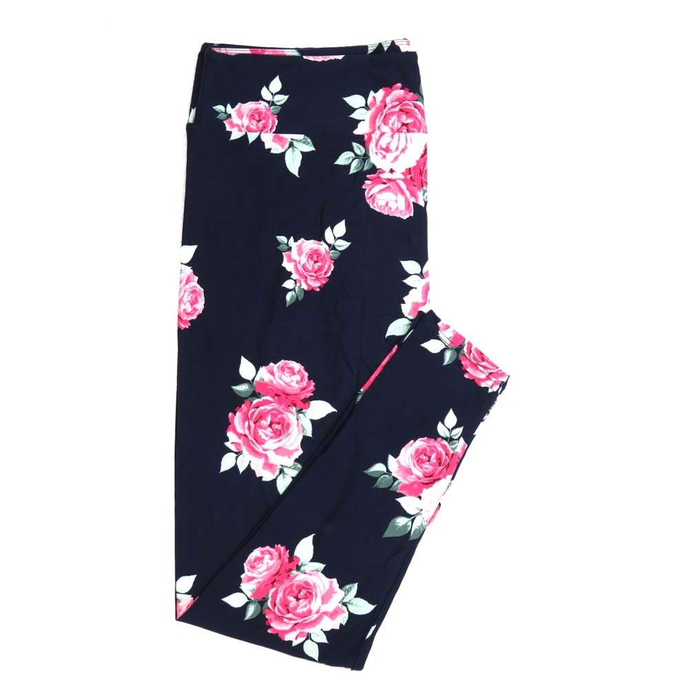 LuLaRoe One Size OS Navy Light Pink White Roses Floral Buttery Soft Womens Leggings fit Adult sizes 2-10  OS-4376-C-26