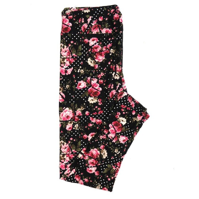 LuLaRoe One Size OS Black Dark and Light Pink Roses Polka Dots Buttery Soft Womens Leggings fit Adult sizes 2-10  OS-4310-11