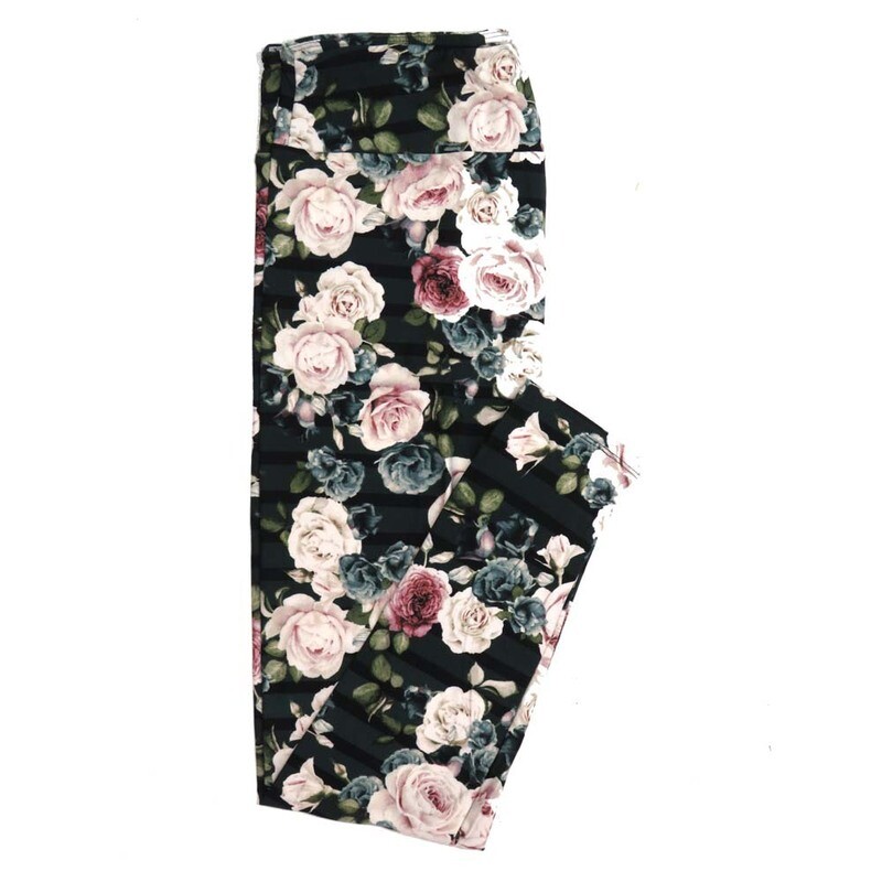 LuLaRoe One Size OS Dark Green Black Stripe Cream Pink Roses Buttery Soft Womens Leggings fit Adult sizes 2-10  OS-4311-8