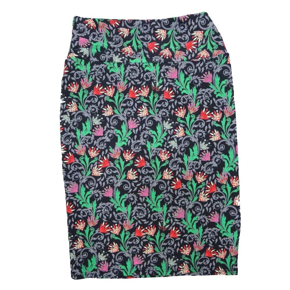 LuLaRoe Cassie Small S Black Mint Geen Pink Purple Floral Womens Knee Length Pencil Skirt fits sizes 6-8