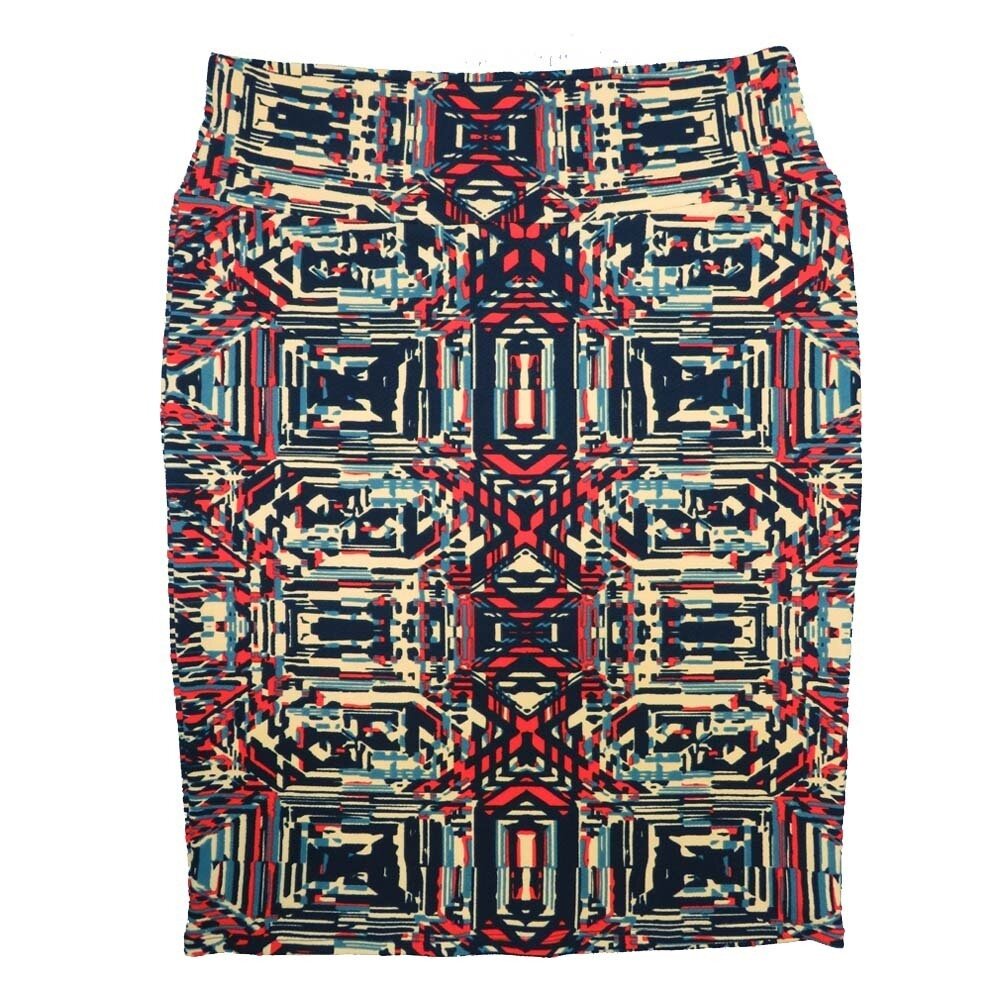 LuLaRoe Cassie X-Large XL Trippy Geometric Cream Red Blue Womens Knee Length Pencil Skirt fits sizes 18-20