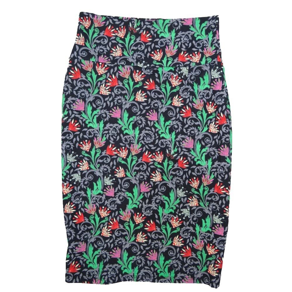 LuLaRoe Cassie X-Small XS Floral Black Mint Green Lavender Womens Knee Length Pencil Skirt fits sizes 2-4