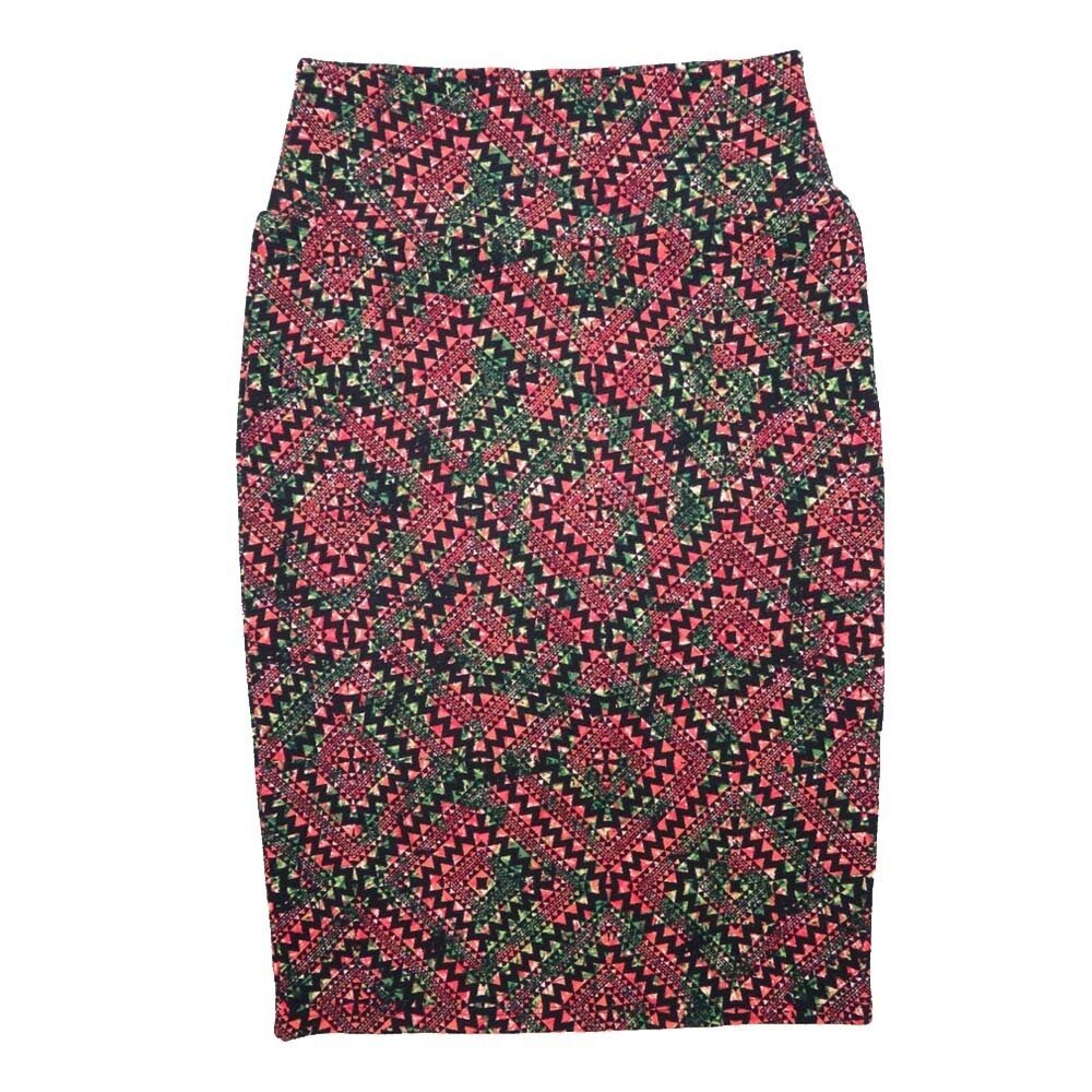 LuLaRoe Cassie X-Small XS Gods Eye Checkerboard Geometric Pink Black Green Womens Knee Length Pencil Skirt fits sizes 2-4