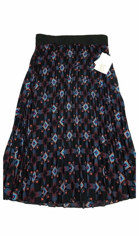 LuLaRoe Jill Black Blue and Coral X-Small XS Accordion Women&#39;s Skirt fits sizes Sizes 2-4