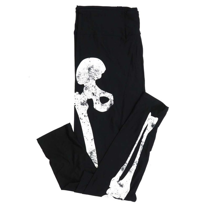 LuLaRoe Kids Large/XL LXL Halloween Black and White Skeleton Bones Legs Front only Solid Black back Womens Buttery Soft Leggings fits Kids sizes 7-14  892386