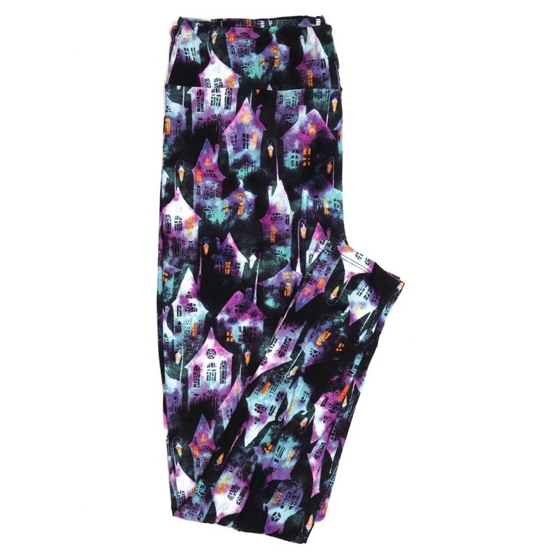 LuLaRoe One Size OS Halloween Haunted House Mansion Old Church Black White Blue Yellow  Womens Buttery Soft Leggings fits Adults 2-10  919273