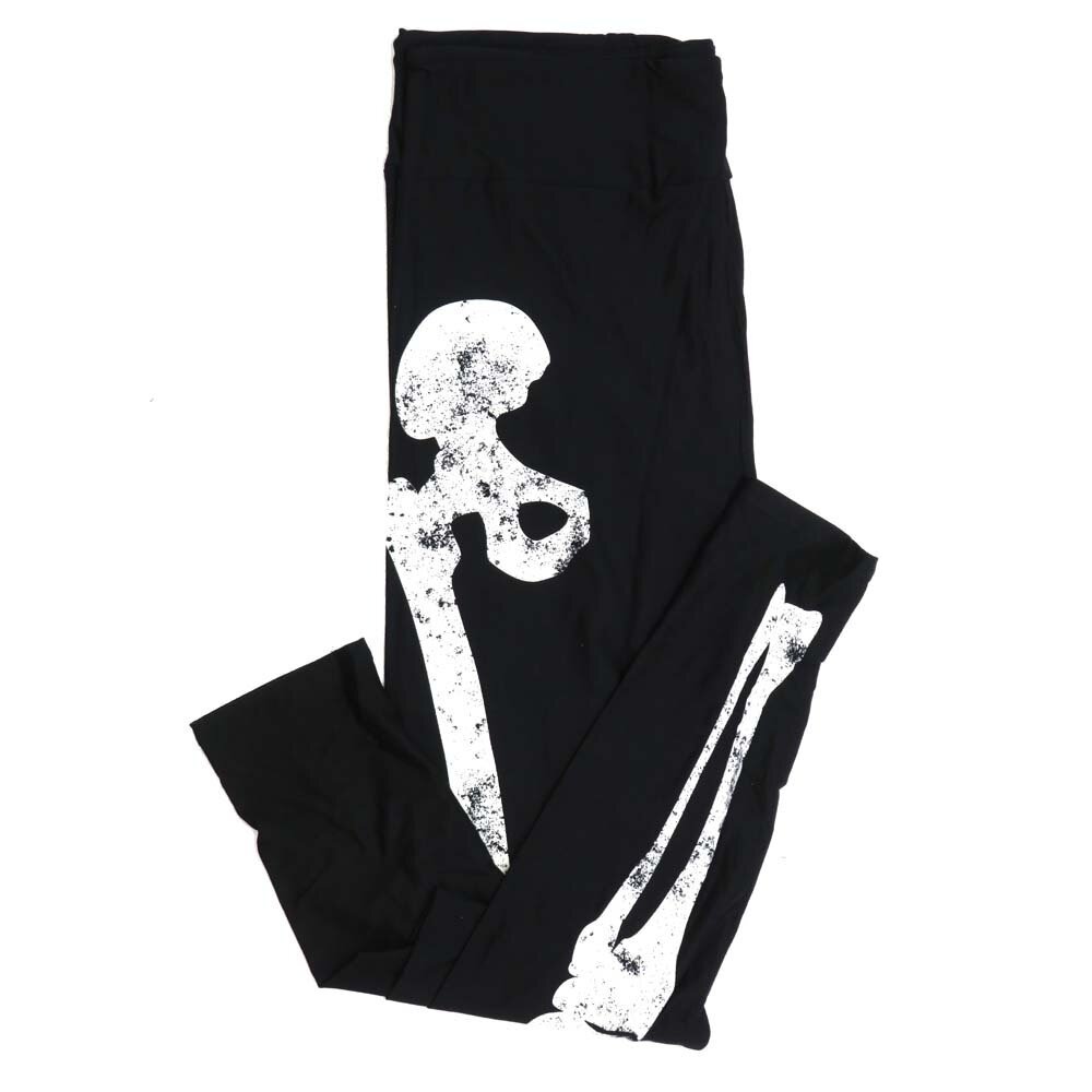LuLaRoe One Size OS Halloween Black and White Skeleton Bones Legs Front only Solid Black back Womens Buttery Soft Leggings fits Adults 2-10  892386