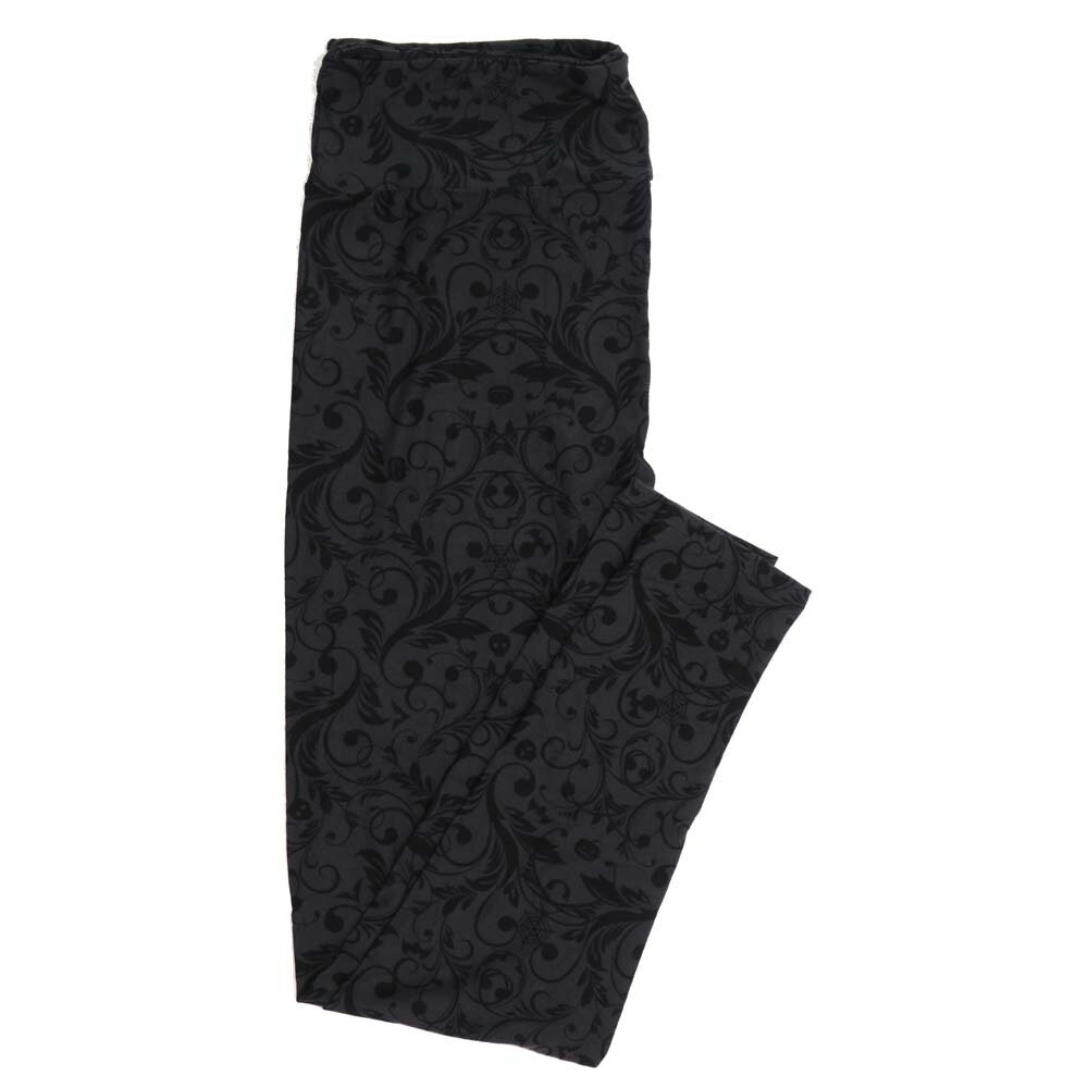 LuLaRoe One Size OS Halloween Floral Vine of Skulls Aliens Bats Spider Webs Gray Black Womens Buttery Soft Leggings fits Adults 2-10  005469