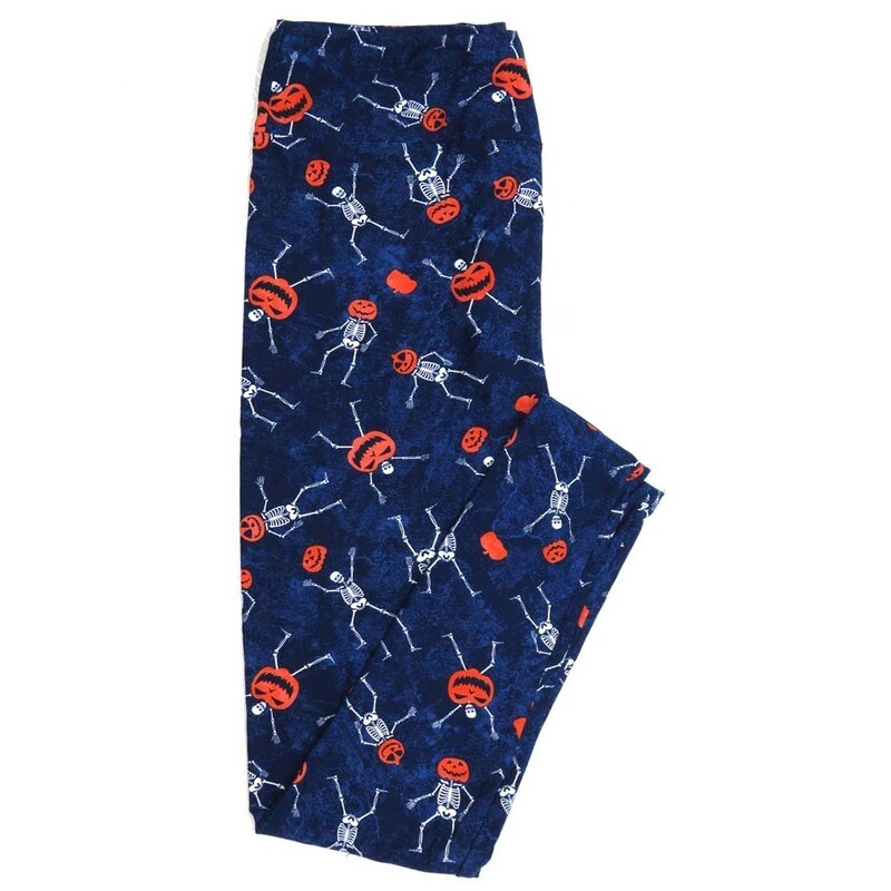 LuLaRoe Kids Large/XL LXL Halloween Dancing Skeletons Pumpkins Jack O Lanterns Blue White Orange Black Womens Buttery Soft Leggings fits Kids sizes 7-14  957871