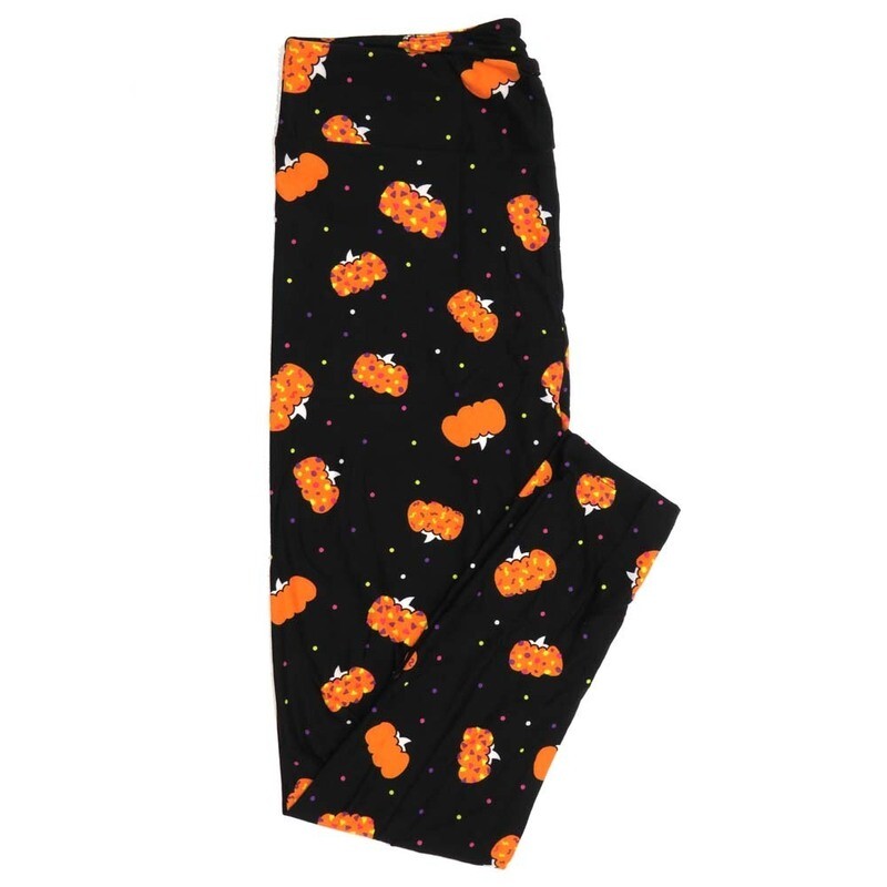 LuLaRoe Kids Large/XL LXL Halloween Pumpkins Black with Rainbow Multicolor Polka Dot Womens Buttery Soft Leggings fits Kids sizes 7-14  191655