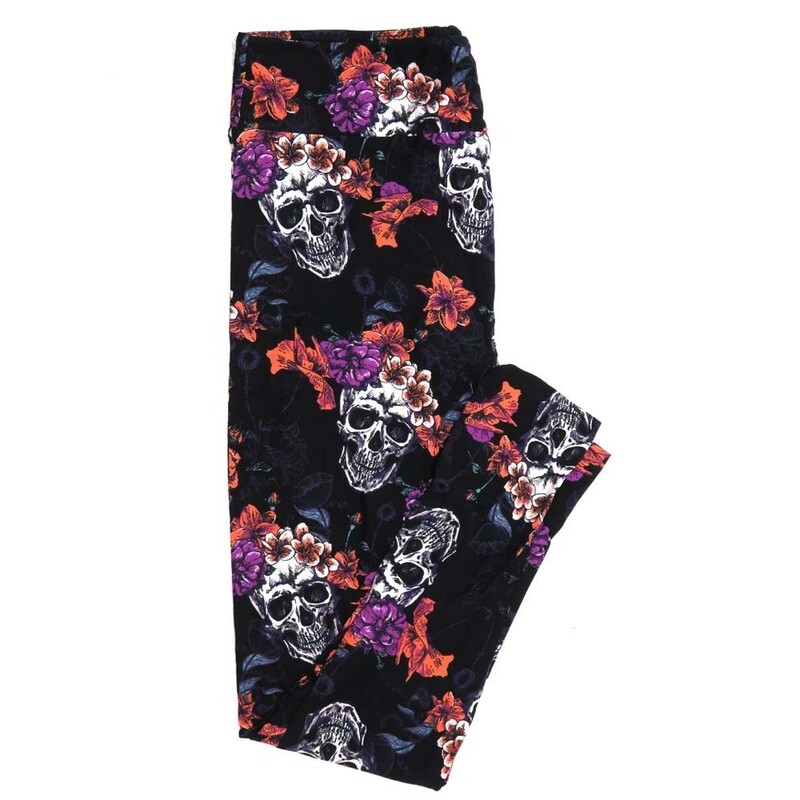 LuLaRoe Kids Large/XL LXL Halloween Skulls and Flowers Black White Purple Green Gray Womens Buttery Soft Leggings fits Kids sizes 7-14  995479