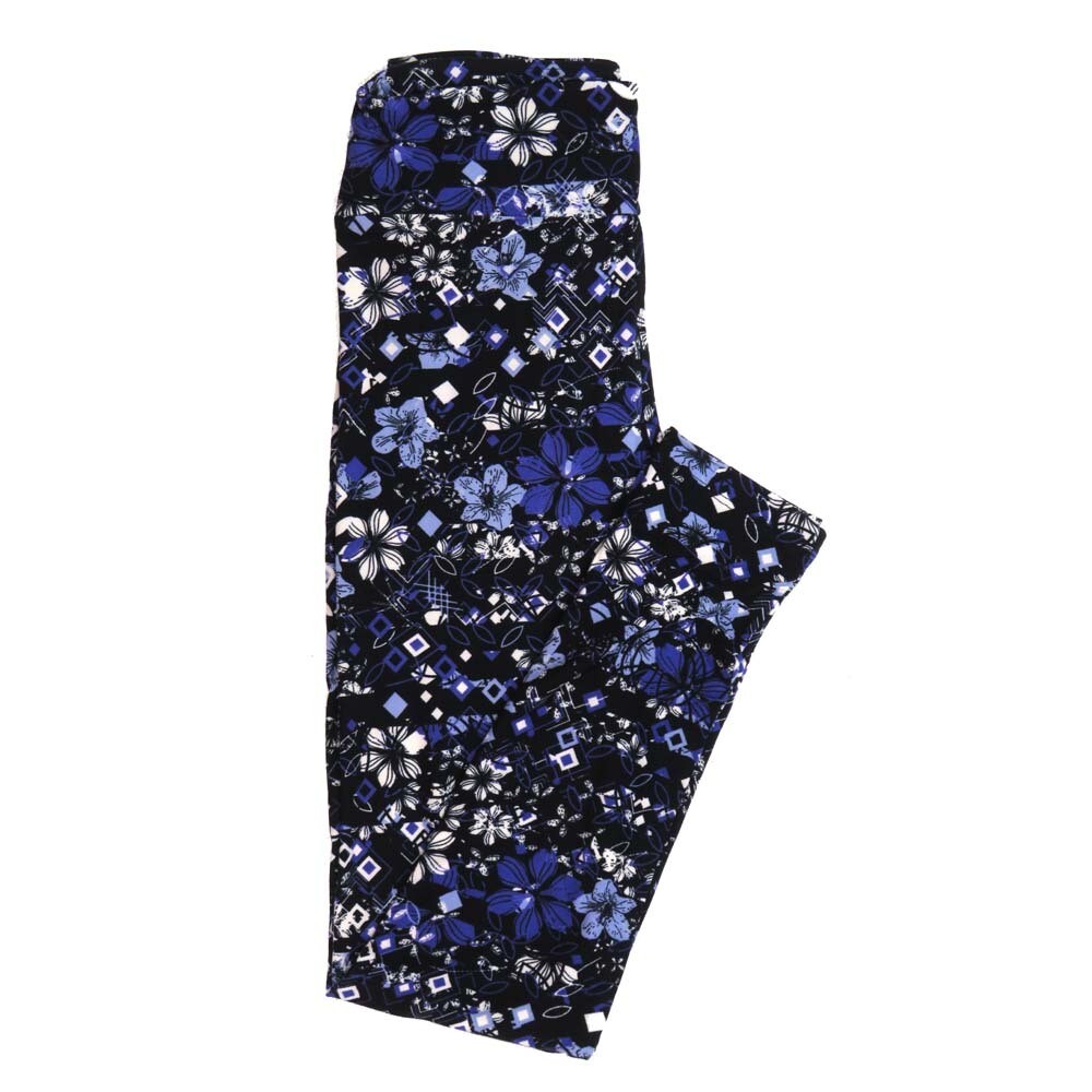 LuLaRoe One Size OS Black White Blue Floral Geometric Buttery Soft Leggings - OS fits Adults 2-10