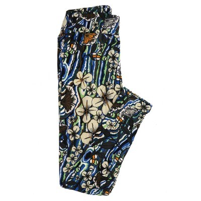 LuLaRoe One Size OS Blue Green Brown Floral Buttery Soft Leggings - OS fits Adults 2-10