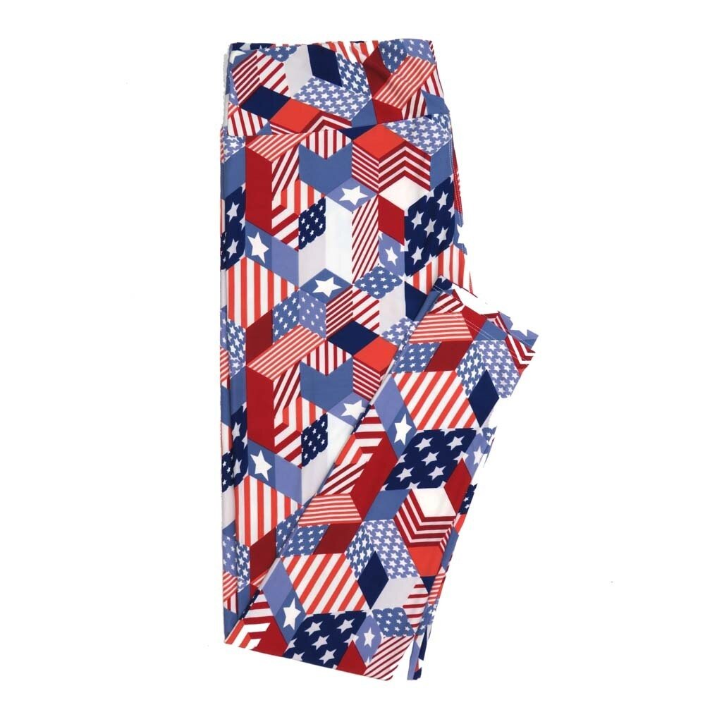 LuLaRoe TCTWO TC2 Americana USA Flag Red Whtie Blue 3D Cube Stars Stripes Buttery Soft Womens Leggings fits Adults sizes 18-26  TCTWO-9040-K