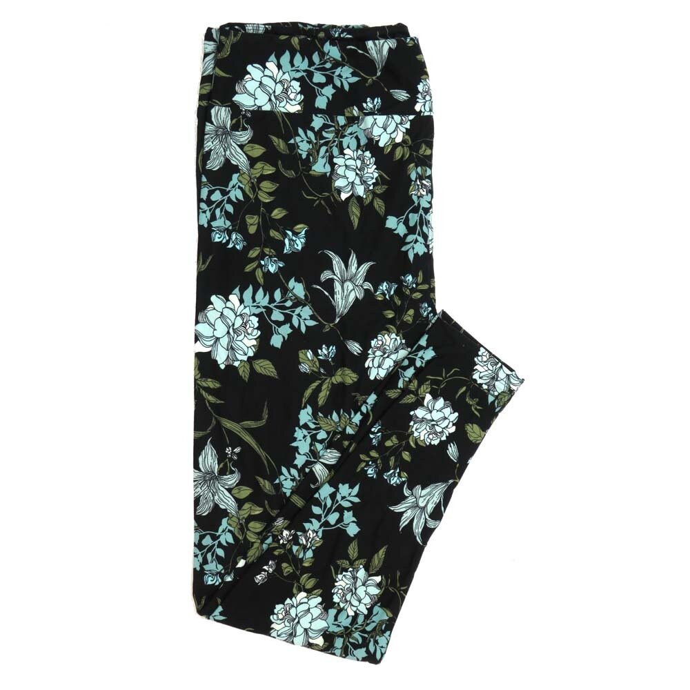 LuLaRoe TCTWO TC2 Black and Mint Green Lilies Floral Buttery Soft Womens Leggings fits Adults sizes 18-26  TCTWO