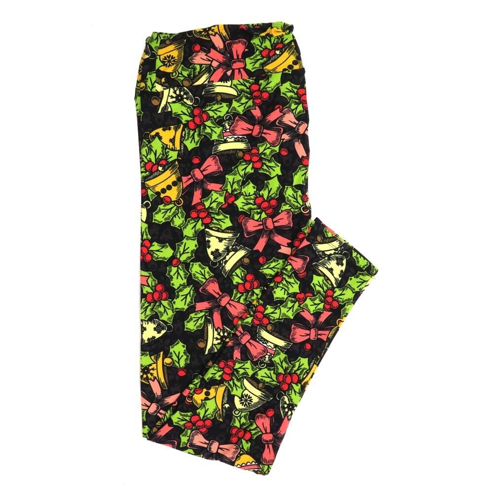 LuLaRoe TCTWO TC2 Christmas Holiday Bows Ribbons Holly Berries Black Green Red Buttery Soft Womens Leggings fits Adults sizes 18-26  TCTWO-9042-K