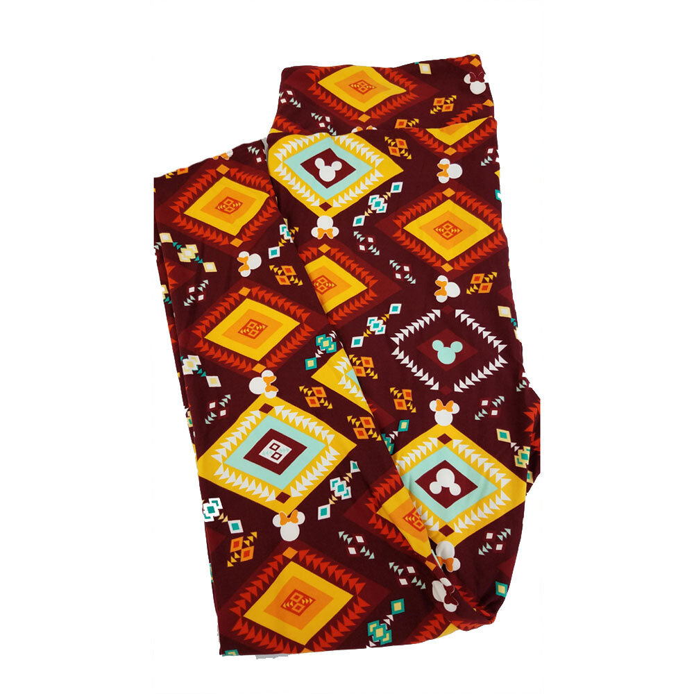 LuLaRoe TCTWO TC2 Disney Minnie Mouse Geometric Maroon Teal Yellow Leggings fits Adult Sizes 18+