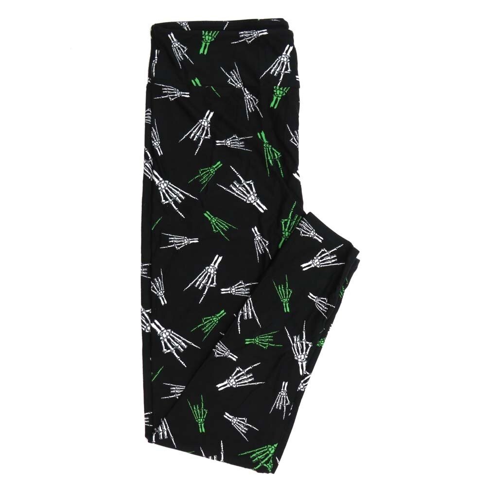 LuLaRoe TCTWO TC2 Halloween Skeleton Hands Rock On Gesture Black White Green Womens Buttery Soft Leggings fits Adults 18+  029263
