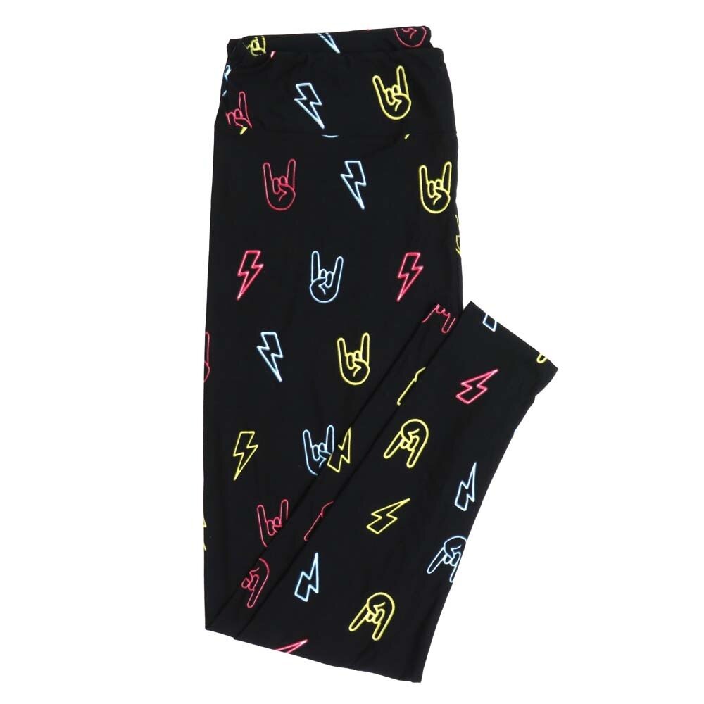 LuLaRoe TCTWO TC2 Rock and Roll Rock On Hands Lightning Bolts Black Neon Hook em Horns Buttery Soft Womens Leggings fits Adults sizes 18-26  TCTWO-9042-N