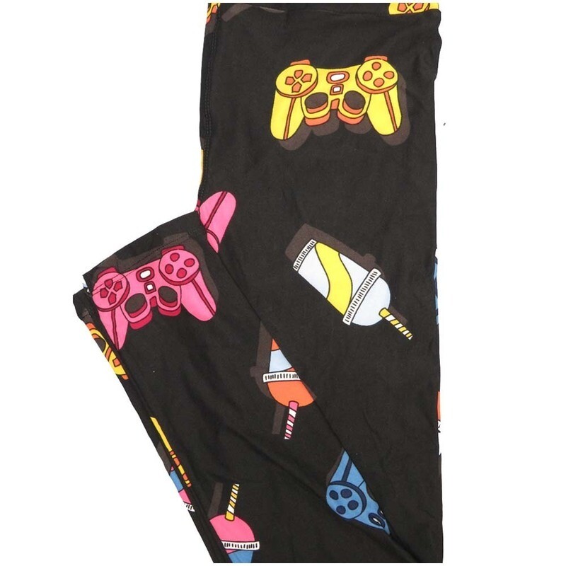 LuLaRoe One Size OS Sodas Video Game Slush Ice Drink Controller Black Pink Yellow Blue Leggings (OS fits Adults 2-10)