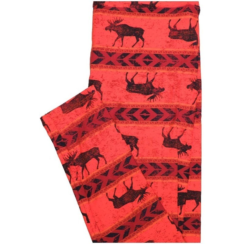 LuLaRoe One Size OS Moose Stripe Chevron Light Red Dark Red Black Leggings (OS fits Adults 2-10)