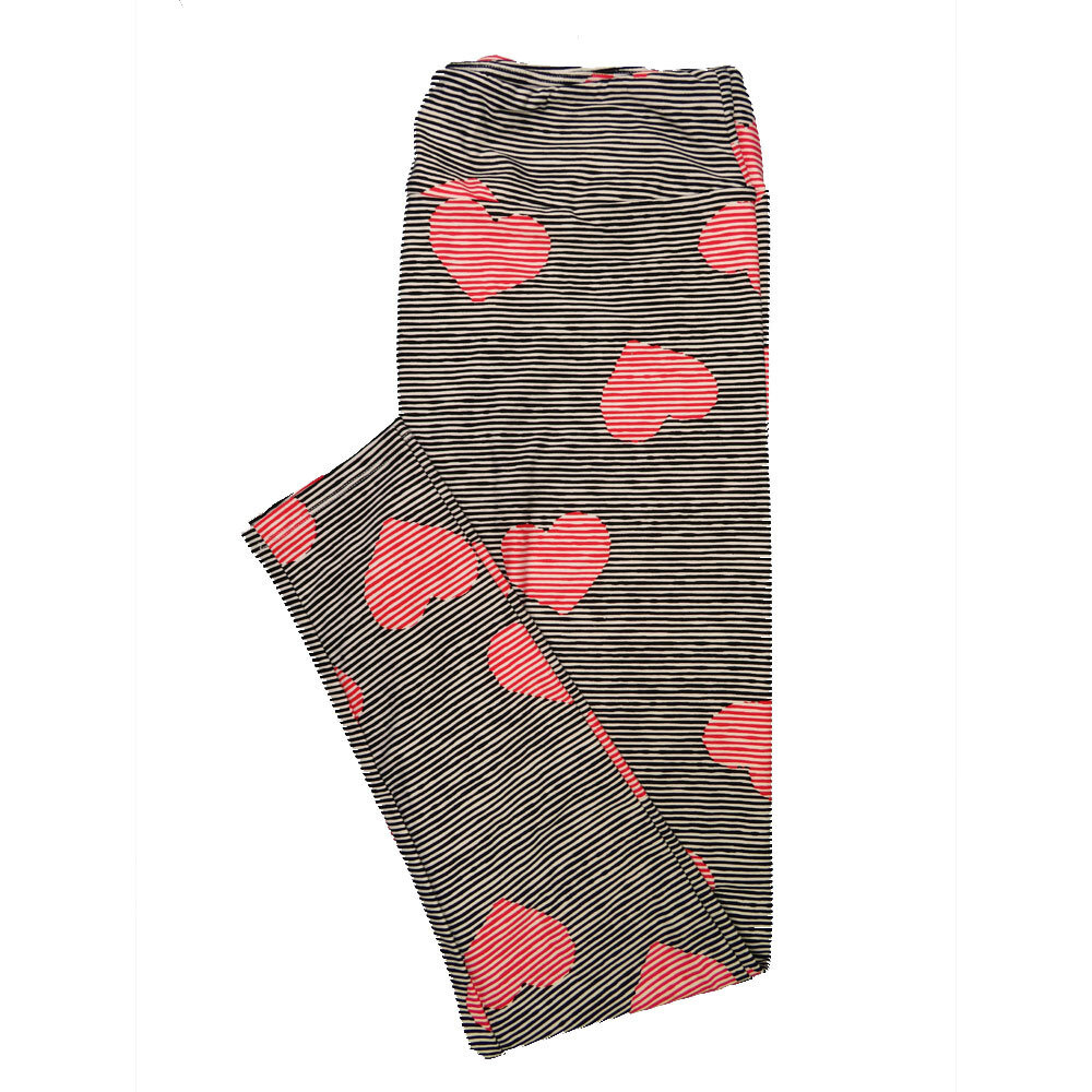 LuLaRoe One Size OS Stripe Super Thin Black and White Stripes with Red Valentines Hearts Leggings (OS fits Adults 2-10)