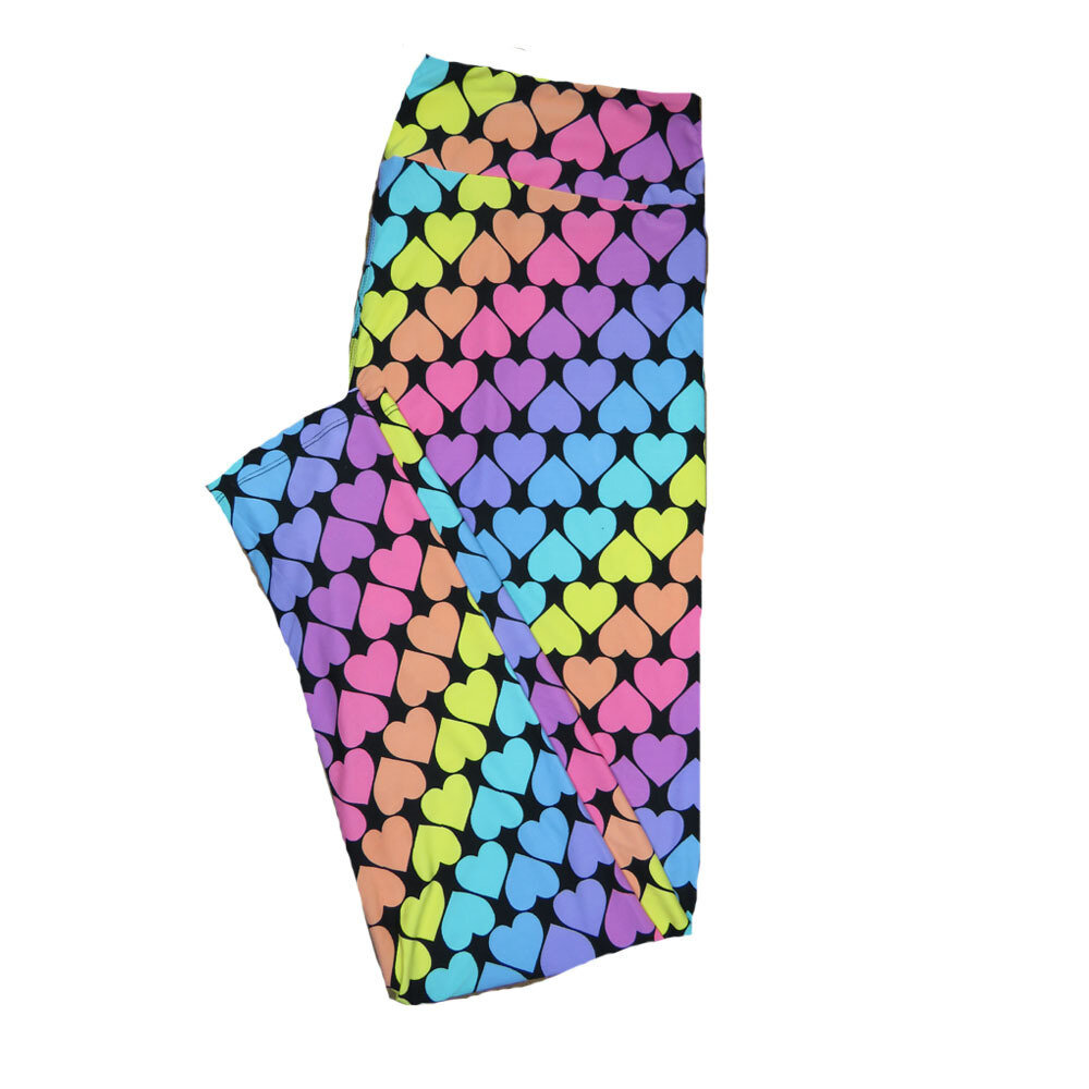 LuLaRoe One Size OS Black with Neon Rainbow Hearts Stripes Love Leggings (OS fits Adults 2-10) OS-4201-C
