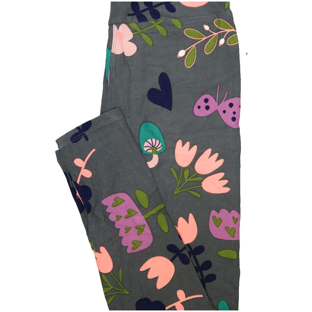 LuLaRoe One Size OS Buttefly Mushroom Tulip Floral Hearts Gray Navy Green Leggings (OS fits Adults 2-10)