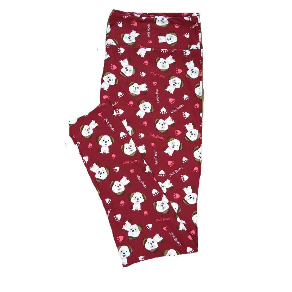 LuLaRoe One Size OS "I Woof You" Sitting Puppy Dog Polka Dot Paw Print Red Green Black White Gray Hearts Leggings (OS fits Adults 2-10) OS-4200-C