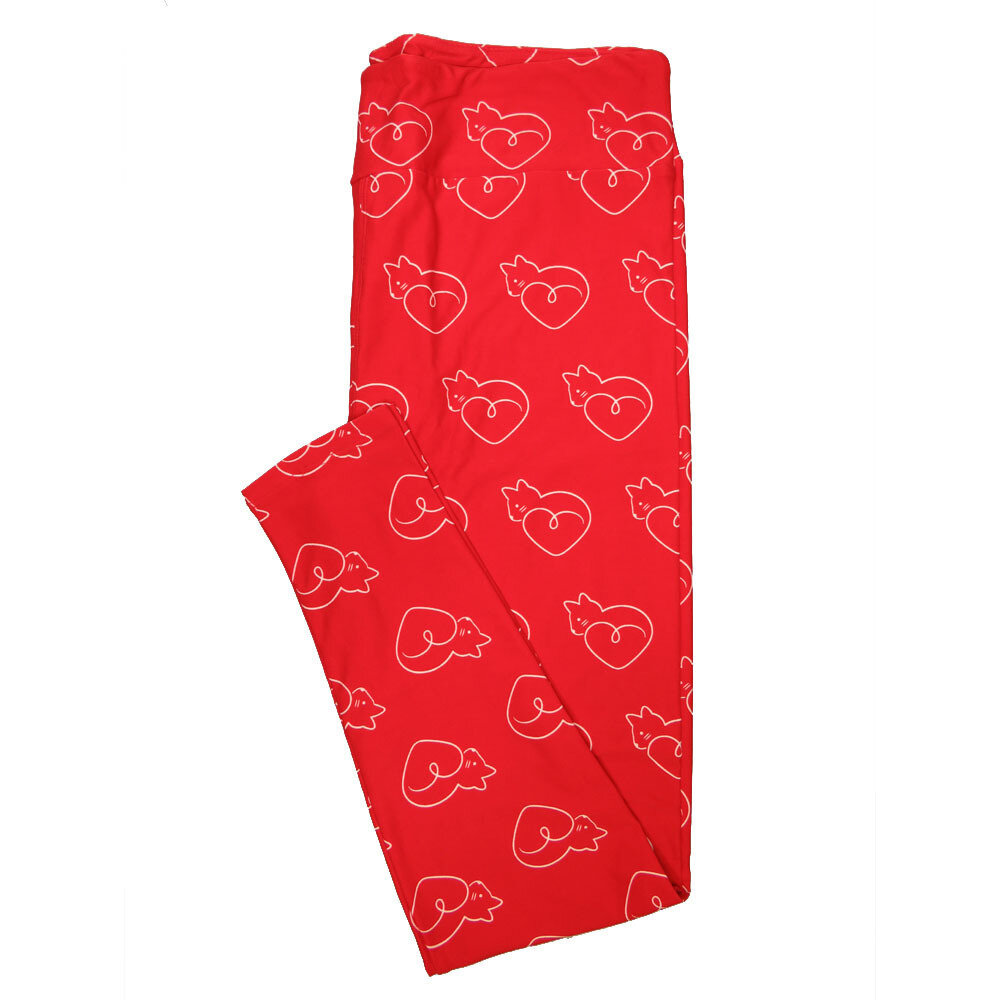 LuLaRoe One Size OS Sleeping Cats Kittens Curled into Hearts Tails Red White Valentines Leggings OS fits 2-10