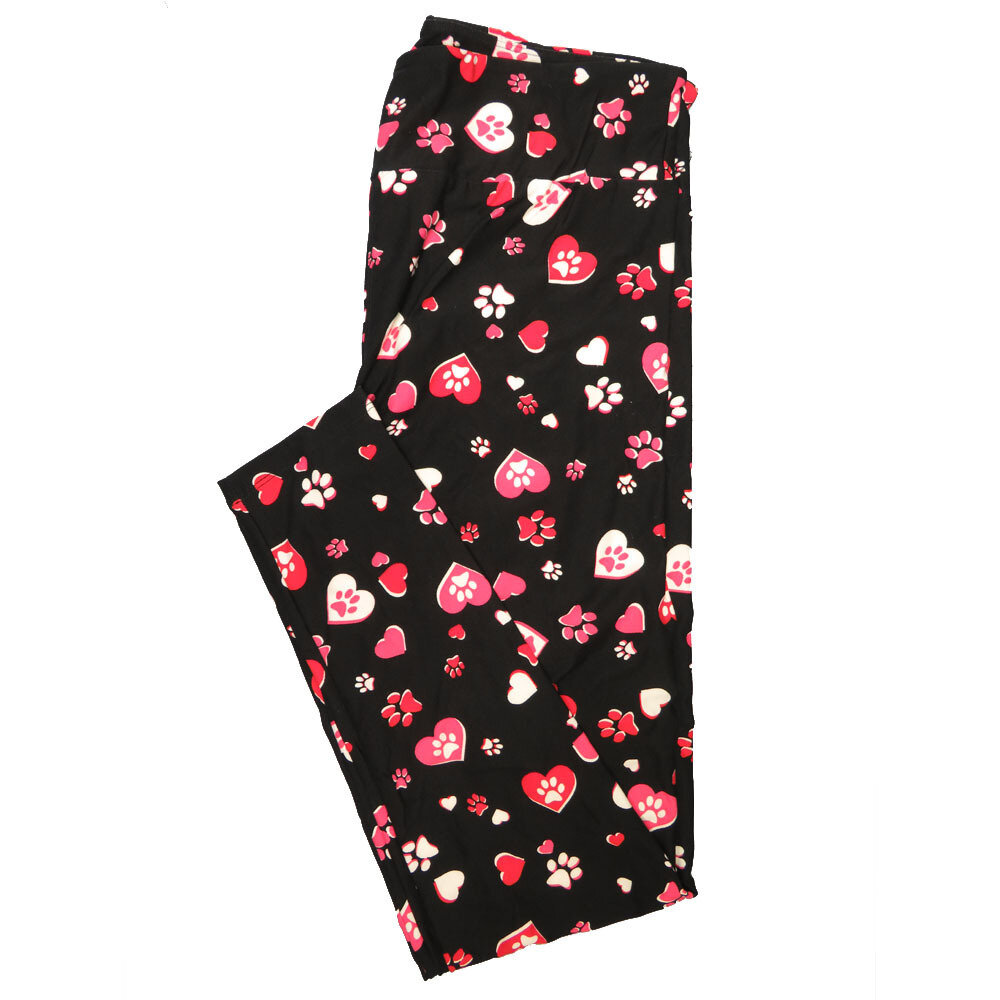 LuLaRoe One Size OS Paw Print Puppy Dog Hearts Black Red White Pink Valentines Buttery Soft Leggings - OS fits Adults 2-10