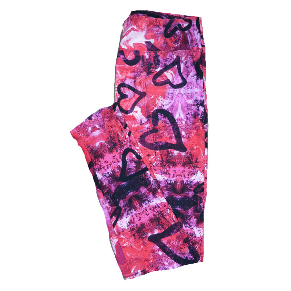 LuLaRoe One Size OS Trippy 70s Swirls Tye Dye Psychedelic Red Pink White with Black Thick Drawn Hearts Love Valentines Leggings (OS fits Adults 2-10) OS-4201-B