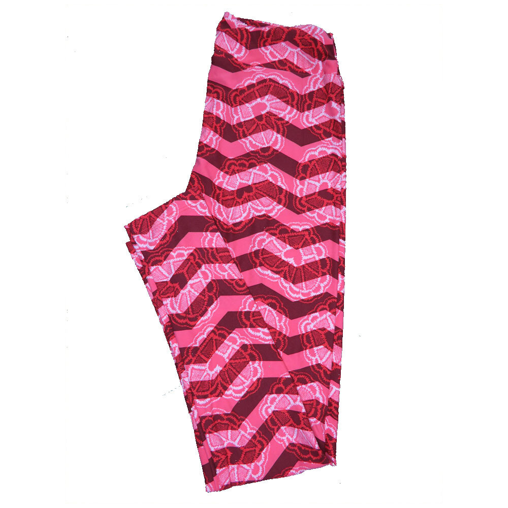 LuLaRoe One Size OS Valentines Red Pink Zig Zag Stripe with Lace Hearts Leggings fits Adult sizes 2-10