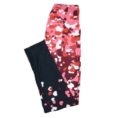 LuLaRoe One Size OS Falling Cascading Floating Pink Red White Multicolor Collage Hearts with Solid Black Leg Bottoms Love Valentines Leggings (OS fits Adults 2-10) OS-4205-C