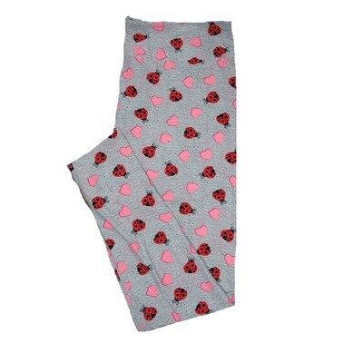 LuLaRoe One Size OS Solid Heathered Gray with Red Black Ladybugs and Pink Hearts Love Valentines Leggings (OS fits Adults 2-10) OS-4210-A