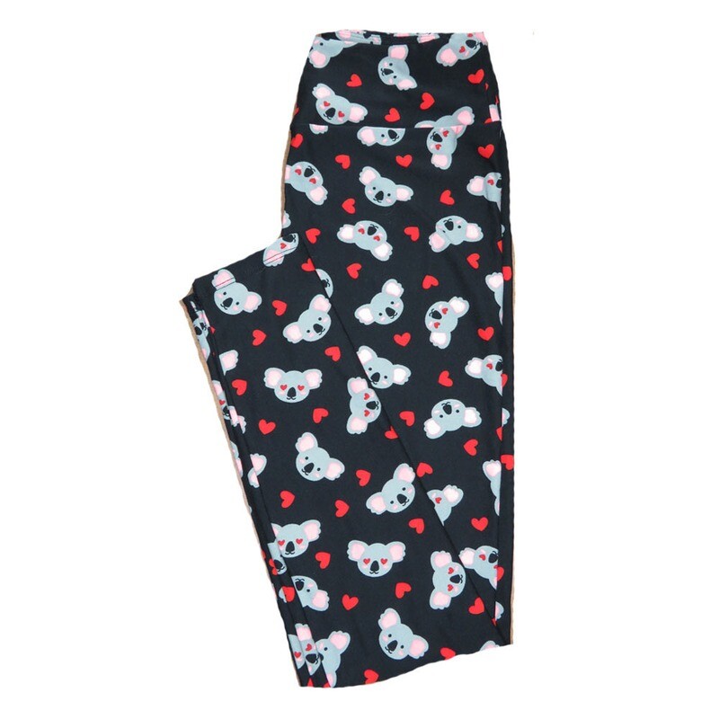 LuLaRoe One Size OS Koala Bears Black with Gray White and Red Polka Dot Hearts Love Leggings (OS fits Adults 2-10) OS-4202-B