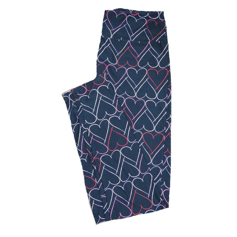 LuLaRoe One Size OS Solid Black with Thin Drawn Red White Pink Hearts Love Valentines Leggings (OS fits Adults 2-10) OS-4204-B