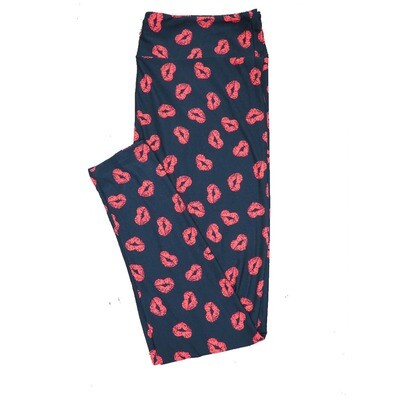LuLaRoe One Size OS Solid Black w/ Red Kissing Lips Mouths Hearts Love Valentines Leggings (OS fits Adults 2-10) OS-4208-H