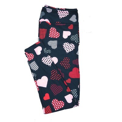 LuLaRoe One Size OS Solid Black w/ Red White and Polka Dot Grid Graph Hearts Love Valentines Leggings (OS fits Adults 2-10) OS-4205-D