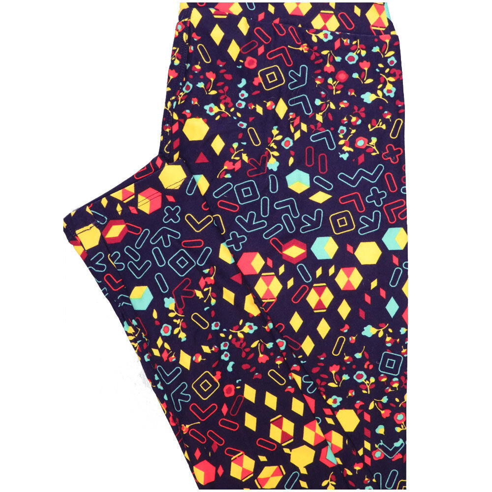 LuLaRoe One Size OS Math Symbols Plus Minus Greater than Hexagon Diamond Floral Navy Yellow White Blue Red Leggings (OS fits Adults 2-10)