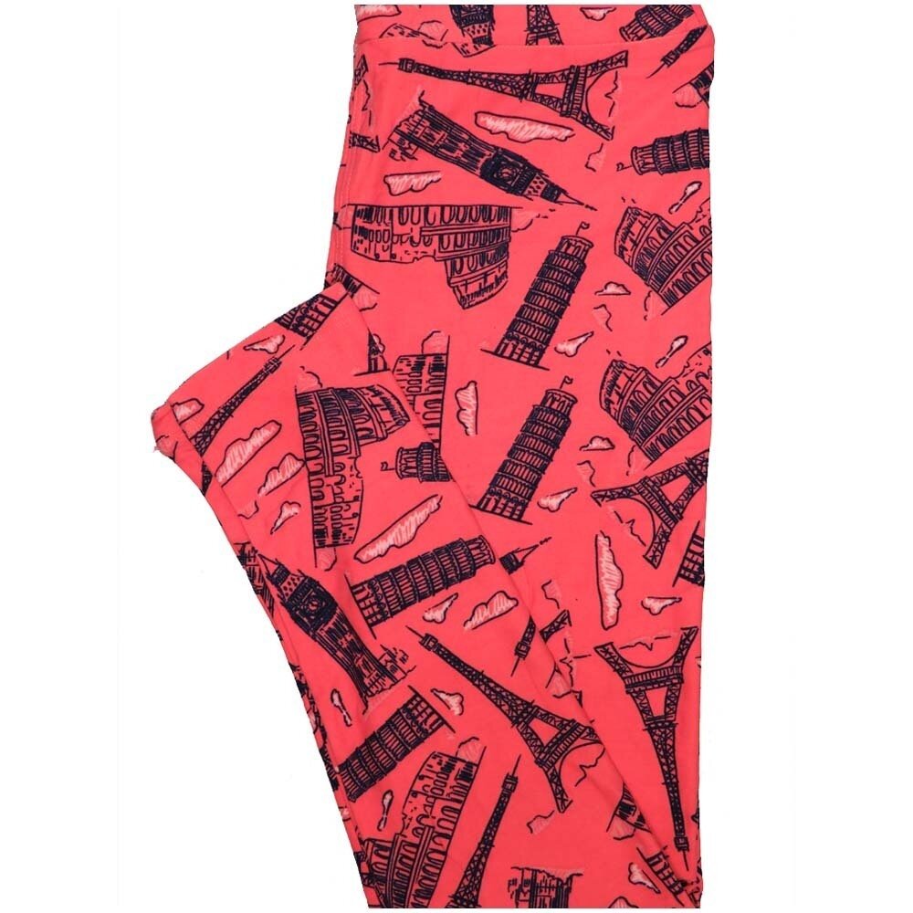LuLaRoe One Size OS World Towers Monuments Eifel Pisa Colloseum Pink Black Leggings (OS fits Adults 2-10)