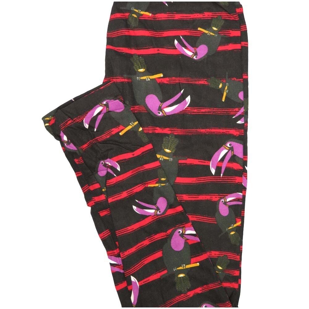 LuLaRoe One Size OS Toucan Parrot Bird Black Red Purple Stripe Buttery Soft Leggings - OS fits Adults 2-10